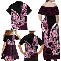 Pink Black Aloha Hawaii Family Matching Off Shoulder Maxi Dress and Hawaiian Shirt Polynesian Shark Tattoo Plumeria LT14 - Polynesian Pride