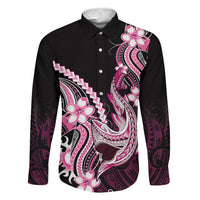 Pink Black Aloha Hawaii Family Matching Off Shoulder Short Dress and Hawaiian Shirt Polynesian Shark Tattoo Plumeria LT14 Dad's Shirt - Long Sleeve Pink - Polynesian Pride