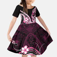 Pink Black Aloha Hawaii Kid Short Sleeve Dress Polynesian Shark Tattoo Plumeria