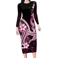 Pink Black Aloha Hawaii Long Sleeve Bodycon Dress Polynesian Shark Tattoo Plumeria LT14 Long Dress Pink - Polynesian Pride