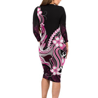 Pink Black Aloha Hawaii Long Sleeve Bodycon Dress Polynesian Shark Tattoo Plumeria LT14 - Polynesian Pride