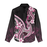 Pink Black Aloha Hawaii Women Casual Shirt Polynesian Shark Tattoo Plumeria LT14 - Polynesian Pride