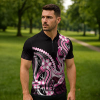 Pink Black Aloha Hawaii Zipper Polo Shirt Polynesian Shark Tattoo Plumeria LT14 - Polynesian Pride