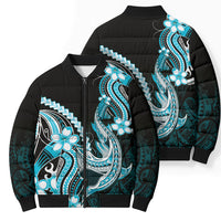 Blue Black Aloha Hawaii Bomber Puffer Jacket Polynesian Shark Tattoo Plumeria