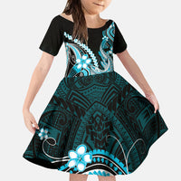 Blue Black Aloha Hawaii Family Matching Off Shoulder Maxi Dress and Hawaiian Shirt Polynesian Shark Tattoo Plumeria LT14 Daughter's Dress Blue - Polynesian Pride