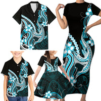 Blue Black Aloha Hawaii Family Matching Short Sleeve Bodycon Dress and Hawaiian Shirt Polynesian Shark Tattoo Plumeria LT14 - Polynesian Pride