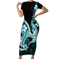 Blue Black Aloha Hawaii Family Matching Short Sleeve Bodycon Dress and Hawaiian Shirt Polynesian Shark Tattoo Plumeria LT14 Mom's Dress Blue - Polynesian Pride