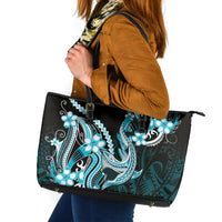 Blue Black Aloha Hawaii Leather Tote Bag Polynesian Shark Tattoo Plumeria