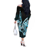 Blue Black Aloha Hawaii Off The Shoulder Long Sleeve Dress Polynesian Shark Tattoo Plumeria LT14 - Polynesian Pride