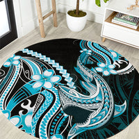 Blue Black Aloha Hawaii Round Carpet Polynesian Shark Tattoo Plumeria
