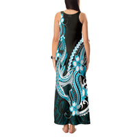 Blue Black Aloha Hawaii Tank Maxi Dress Polynesian Shark Tattoo Plumeria