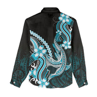 Blue Black Aloha Hawaii Women Casual Shirt Polynesian Shark Tattoo Plumeria LT14 - Polynesian Pride
