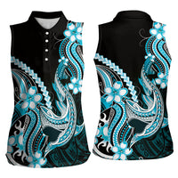 Blue Black Aloha Hawaii Women Sleeveless Polo Shirt Polynesian Shark Tattoo Plumeria LT14 - Polynesian Pride