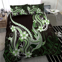 Green Black Aloha Hawaii Bedding Set Polynesian Shark Tattoo Plumeria