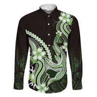 Green Black Aloha Hawaii Family Matching Mermaid Dress and Hawaiian Shirt Polynesian Shark Tattoo Plumeria LT14 Dad's Shirt - Long Sleeve Green - Polynesian Pride