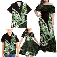 Green Black Aloha Hawaii Family Matching Off Shoulder Maxi Dress and Hawaiian Shirt Polynesian Shark Tattoo Plumeria LT14 - Polynesian Pride