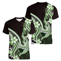 Green Black Aloha Hawaii Women V-Neck T-Shirt Polynesian Shark Tattoo Plumeria LT14 - Polynesian Pride