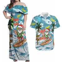 Hawaii Summer Christmas Couples Matching Off Shoulder Maxi Dress and Hawaiian Shirt Surfing Santa Shaka Catch The Wave LT14 Teal - Polynesian Pride