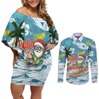Hawaii Summer Christmas Couples Matching Off Shoulder Short Dress and Long Sleeve Button Shirt Surfing Santa Shaka Catch The Wave LT14 Teal - Polynesian Pride