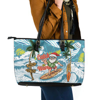 Hawaii Summer Christmas Leather Tote Bag Surfing Santa Shaka Catch The Wave