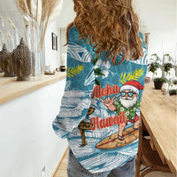 Hawaii Summer Christmas Women Casual Shirt Surfing Santa Shaka Catch The Wave LT14 - Polynesian Pride