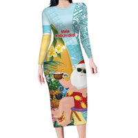 Aloha Hawaii Mele Kalikimaka Family Matching Long Sleeve Bodycon Dress and Hawaiian Shirt Chilling Santa With Pineapple - Polynesian Pattern