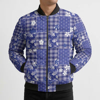 Blue Palaka Japanese Patterns Bomber Puffer Jacket Koi Fish Asanoha Sakura Patchwork Stylized - Polynesian Pride