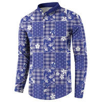 Blue Palaka Japanese Patterns Button Sweatshirt Koi Fish Asanoha Sakura Patchwork Stylized - Polynesian Pride