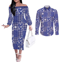 Blue Palaka Japanese Patterns Couples Matching Off The Shoulder Long Sleeve Dress and Long Sleeve Button Shirt Koi Fish Asanoha Sakura Patchwork Stylized - Polynesian Pride