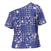 Blue Palaka Japanese Patterns Cross Shoulder Shirt Koi Fish Asanoha Sakura Patchwork Stylized - Polynesian Pride