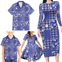 Blue Palaka Japanese Patterns Family Matching Long Sleeve Bodycon Dress and Hawaiian Shirt Koi Fish Asanoha Sakura Patchwork Stylized LT14 - Polynesian Pride