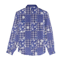 Blue Palaka Japanese Patterns Women Casual Shirt Koi Fish Asanoha Sakura Patchwork Stylized - Polynesian Pride