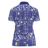 Blue Palaka Japanese Patterns Women Polo Shirt Koi Fish Asanoha Sakura Patchwork Stylized - Polynesian Pride
