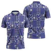 Blue Palaka Japanese Patterns Zipper Polo Shirt Koi Fish Asanoha Sakura Patchwork Stylized - Polynesian Pride