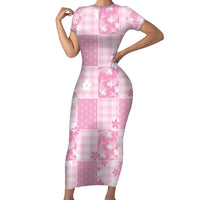 Pink Palaka Japanese Patterns Family Matching Short Sleeve Bodycon Dress and Hawaiian Shirt Koi Fish Asanoha Sakura Patchwork Stylized LT14 Mom's Dress Pink - Polynesian Pride