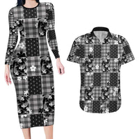 Black Palaka Japanese Patterns Couples Matching Long Sleeve Bodycon Dress and Hawaiian Shirt Koi Fish Asanoha Sakura Patchwork Stylized - Polynesian Pride