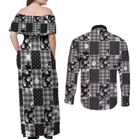 Black Palaka Japanese Patterns Couples Matching Off Shoulder Maxi Dress and Long Sleeve Button Shirt Koi Fish Asanoha Sakura Patchwork Stylized - Polynesian Pride