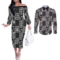 Black Palaka Japanese Patterns Couples Matching Off The Shoulder Long Sleeve Dress and Long Sleeve Button Shirt Koi Fish Asanoha Sakura Patchwork Stylized - Polynesian Pride