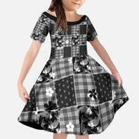 Black Palaka Japanese Patterns Kid Short Sleeve Dress Koi Fish Asanoha Sakura Patchwork Stylized - Polynesian Pride