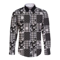 Black Palaka Japanese Patterns Long Sleeve Button Shirt Koi Fish Asanoha Sakura Patchwork Stylized - Polynesian Pride
