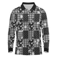 Black Palaka Japanese Patterns Long Sleeve Polo Shirt Koi Fish Asanoha Sakura Patchwork Stylized - Polynesian Pride