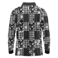 Black Palaka Japanese Patterns Long Sleeve Polo Shirt Koi Fish Asanoha Sakura Patchwork Stylized - Polynesian Pride