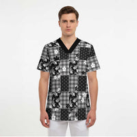 Black Palaka Japanese Patterns Scrub Top Koi Fish Asanoha Sakura Patchwork Stylized LT14 - Polynesian Pride