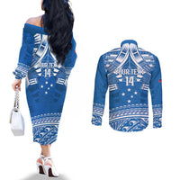Toa Samoa Rugby Custom Couples Matching Off The Shoulder Long Sleeve Dress and Long Sleeve Button Shirt Uso aso uma Samoan Pattern Blue - Polynesian Pride
