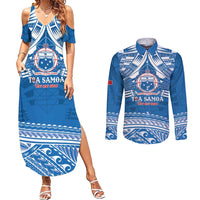 Toa Samoa Rugby Custom Couples Matching Summer Maxi Dress and Long Sleeve Button Shirt Uso aso uma Samoan Pattern Blue - Polynesian Pride