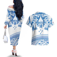 Toa Samoa Rugby Custom Couples Matching Off The Shoulder Long Sleeve Dress and Hawaiian Shirt Uso aso uma Samoan Pattern White - Polynesian Pride
