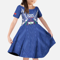Personalised Samoa 685 Family Matching Off The Shoulder Long Sleeve Dress and Hawaiian Shirt Samoan Pride Coat Of Arms LT14 Daughter's Dress Blue - Polynesian Pride