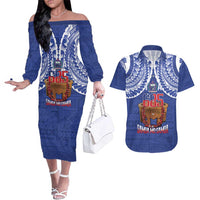 Toa Samoa Rugby Couples Matching Off The Shoulder Long Sleeve Dress and Hawaiian Shirt 685 Pride Tanoa Ula Fala LT14 Blue - Polynesian Pride