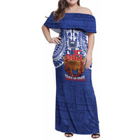 Toa Samoa Rugby Family Matching Off Shoulder Maxi Dress and Hawaiian Shirt 685 Pride Tanoa Ula Fala LT14 Mom's Dress Blue - Polynesian Pride