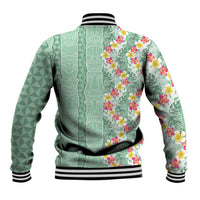 Menthol Green Aloha Hawaii Tiki Baseball Jacket Tropical Plumeria - Seamless Style